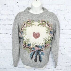 VTG COTTAGE STUDIO MICHELLE STUART HAND KNIT GRAY FLORAL HEART WOOL SWEATER - M